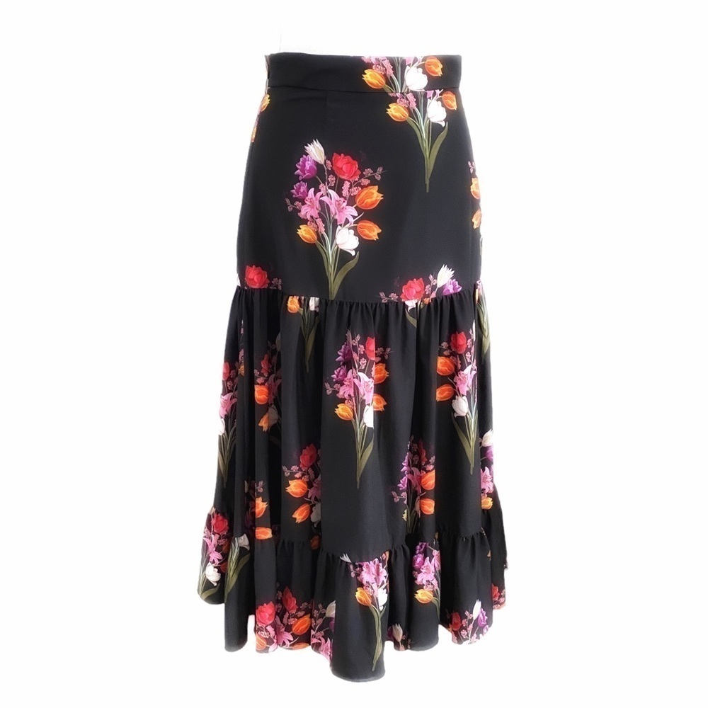 BORGO DE NOR EMME BLACK FLORAL CREPE HIGH WAIST TIERED A-LINE MAXI SKIRT